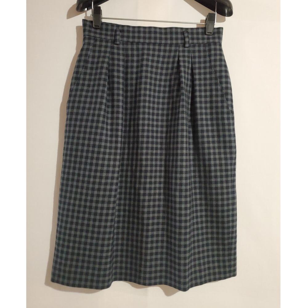 Vtg Jones New York Gingham Check 100% Wool Pleat Skirt Size 10P Academia Career